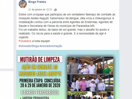 Vereador Binga parabeniza, no Facebook, mutirão promovido pela Prefeitura