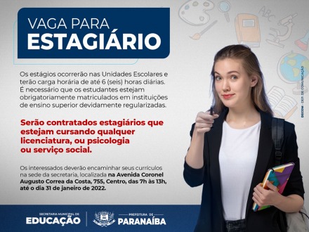 Secretaria de Educação oferece oportunidade de estágio remunerado