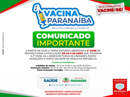 D3 de reforço será liberada para população de 40 a 59 anos em todas as unidades  e posto volante