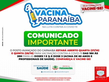 Vacinação contra a Covid-19 terá horário especial nesta quarta e quinta-feira no Carnaíba