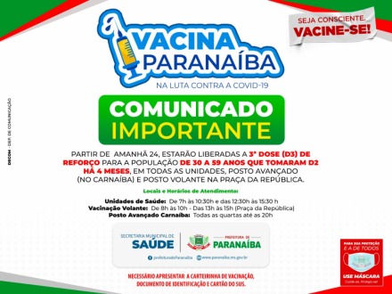 D3 de reforço será liberada amanhã para a população de 30 a 59 anos