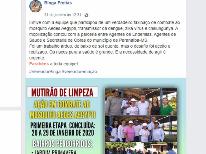 Vereador Binga parabeniza, no Facebook, mutirão promovido pela Prefeitura
